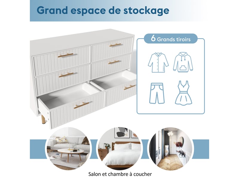  Buffet de rangement 120x40x75 cm, 6 tiroirs, façades cannelées, pieds métal, grand rangement pour salon et salle à manger - blanc AB20875152W - Conforama E