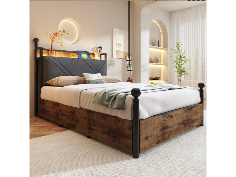  Lit simple en métal 90 x 190 cm avec deux tiroirs, led et usb type-c, baldaquin, noir  - Conforama D