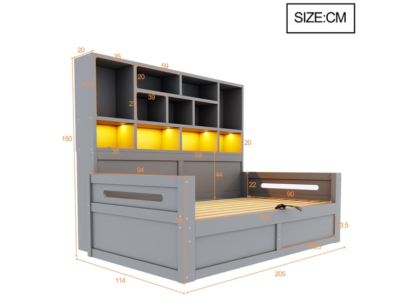  Lit canapé 1 place 90x200 cm gris en mdf avec rangement hydraulique, led et prises, pour chambre, sans matelas  - Conforama C