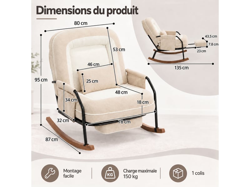  Fauteuil à bascule moderne avec dossier inclinable 100°-160°, repose-pieds escamotable, coussin en fausse fourrure de lapin,beige  - Conforama B