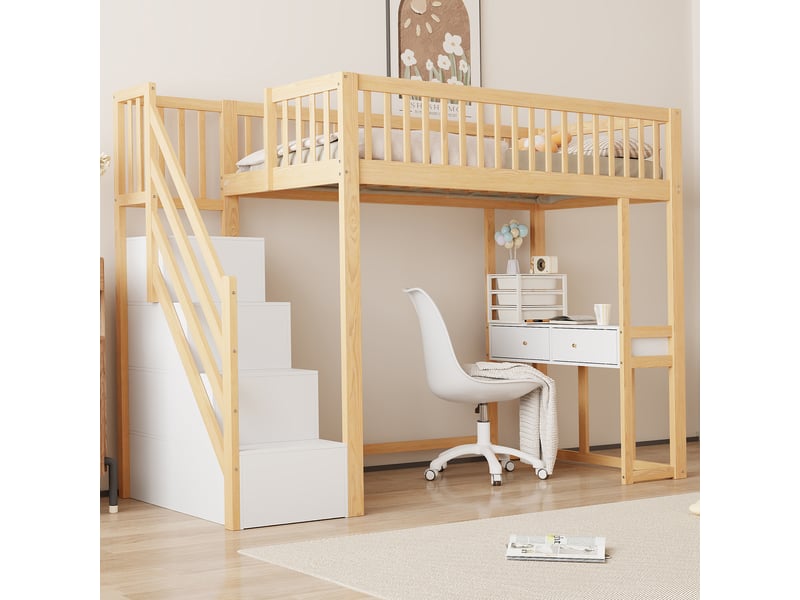  Lit mezzanine en bois 90 x 200 cm multifonctionnel avec bureau, échelle de rangement, coloris blanc et chêne clair  - Conforama E