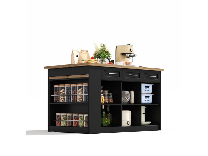 Îlot de cuisine multifonction noir 150×96 cm, table extensible, plateau effet bois, rangements intégrés, idéal famille - Conforama D