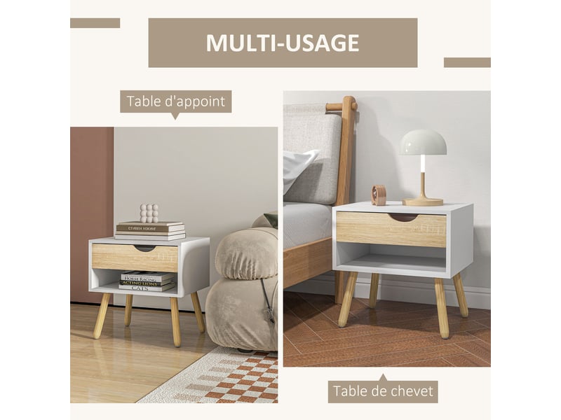  Lot de 2 tables de nuit tiroir niche design moderne panneau de particules classe e1 pieds 50 x 39 x 51 cm en bois massif  - Conforama A