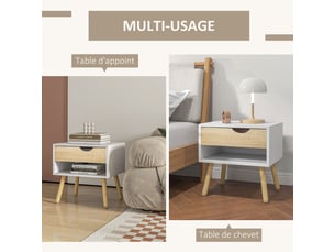 Lot de 2 tables de nuit tiroir niche design moderne panneau de particules classe e1 pieds 50 x 39 x 51 cm en bois massif
