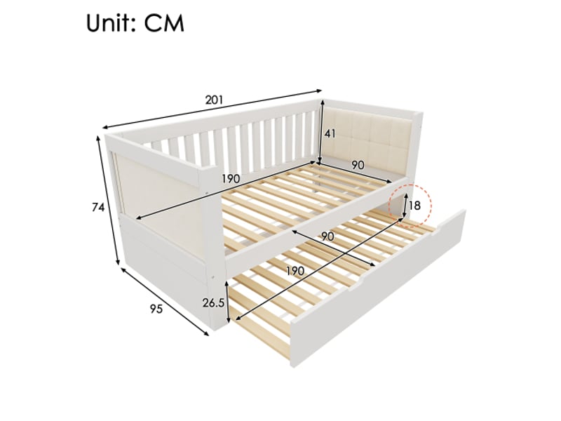 Lit banquette 90x190cm avec lit gigogne 90x190cm,canapé-lit de jour confortable,structure en pin massif et contreplaqué,pour petite chambre ou studio,blanc - Conforama E