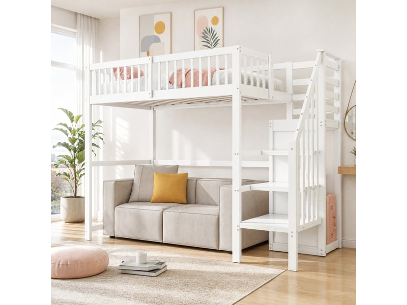  Lit mezzanine enfant simple 90×200 cm avec escalier, armoire et étagères  - sans matelas, bois - blanc  - Conforama B