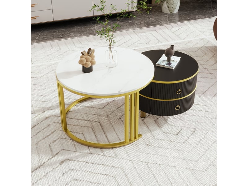  Tables basses gigognes rondes avec 2 tiroirs et plateau brillant effet marbre, pour salon, mdf, 70 x 70 x 46 cm, noir  - Conforama C