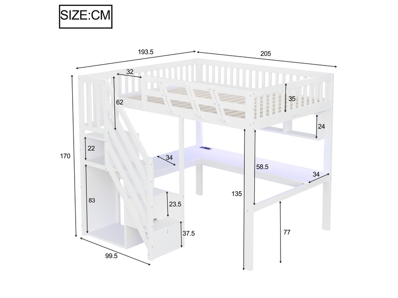Lit mezzanine 140x200 cm en bois massif avec bureau escalier rangement prises usb éclairage led, lit enfant ado gain de place, structure bois blanc Seren Glow - Conforama C