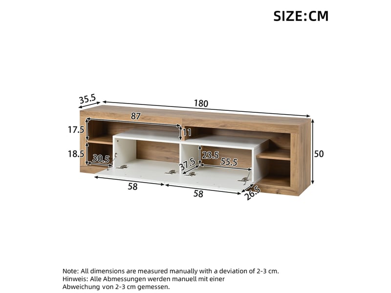 Meuble tv modenvie avec led contrôlées par application 180 x 35,5 x 50 cm 2 tiroirs 4 niches décor bois naturel et blanc  - Conforama C