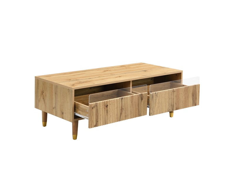  Ensemble meuble tv et table basse 178x35x45 cm et 110x50x40 cm, éclairage à diodes, mdf, bois clair et doré  - Conforama E