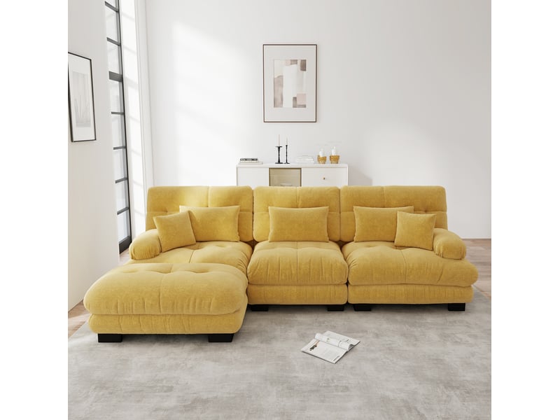 Canapé d'angle modulable convertible 3 places en chenille jaune avec ottomans - 313 x 145 x 81 cm - Conforama B