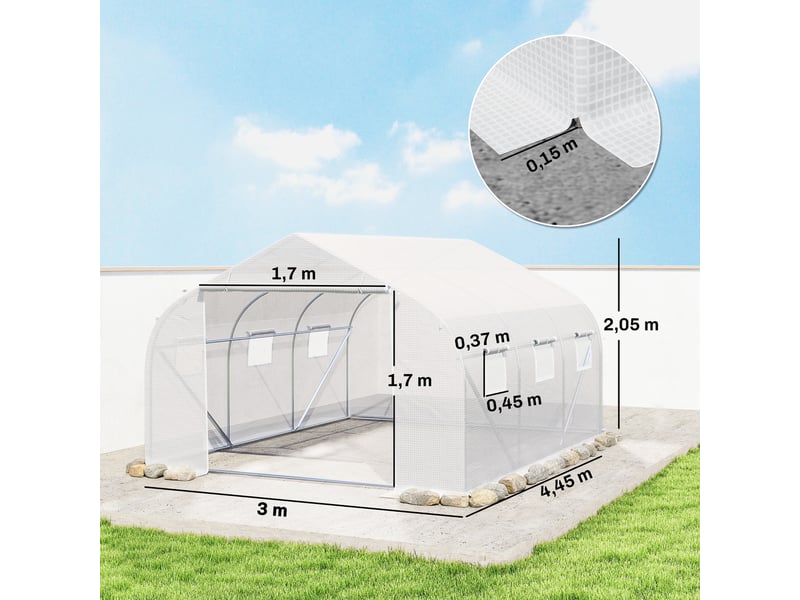  Invernadero de túnel 445x300x205 cm invernadero de jardín avec 6 ventanas et cubierta de polytileno pe 140 gm² blanco  - Conforama E