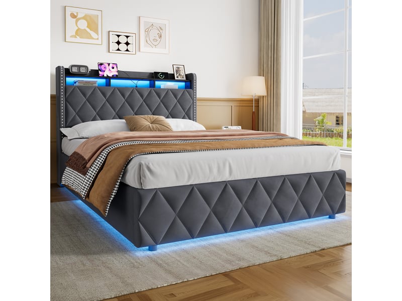  Lit coffre 140x200 cm, hydraulique, tête losange, rangement et led, étagère intégrée, velours gris, sans matelas  - Conforama B
