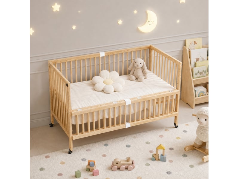  Lit enfant 70 × 140 cm 1 place à roulettes, barrière rabattable et hauteur réglable, sans matelas, bois naturel  - Conforama C