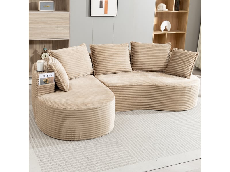  Canapé incurvé 3 places - 250 x 152 x 82 cm - avec porte-gobelets, poche latérale et 5 coussins, velours côtelé kaki  - Conforama B