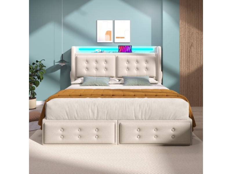Lit double 160x200cm tissu beige - led, usb-c, 4 tiroirs rangement, sommier inclus. - Conforama W