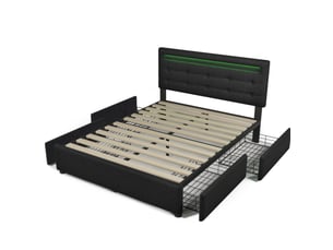 Lit rembourré tcqpz 140 x 200 cm avec matelas led 4 tiroirs tête de lit réglable noir