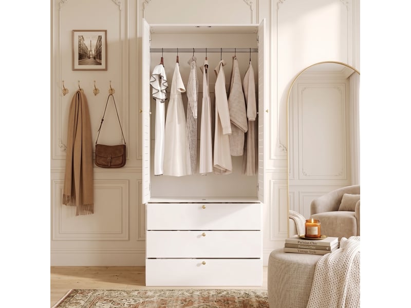  Armoire 2 portes à lamelles avec penderie et 3 tiroirs pour chambre en panneaux de particules blanc 90 × 50 × 200 cm  - Conforama D