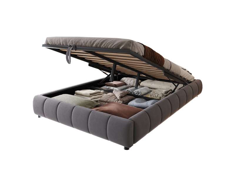  Sommier coffre 140x200cm sans tête de lit, avec lumières led monochromes, design moderne épuré, velours gris, sans matelas  - Conforama A