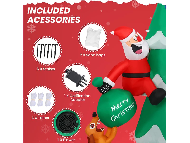 Père noël gonflable 1,8 m escaladant un sapin avec chien et sac cadeau, led, décoration de noël - Conforama D