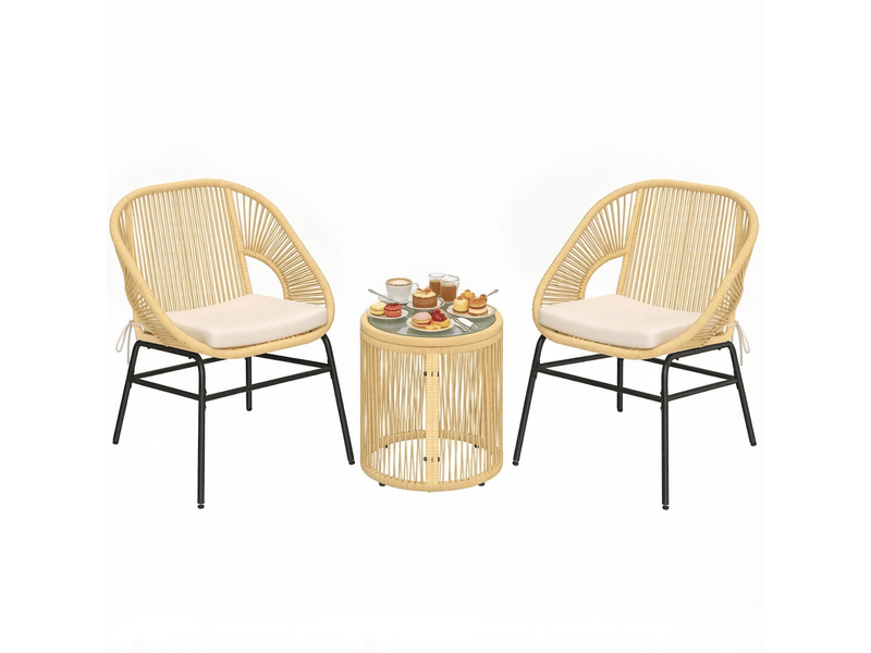  Salon de jardin 2 places beige en résine tressée avec table ronde en verre trempé et coussins amovibles  - Conforama A