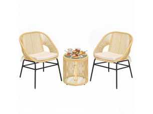 Salon de jardin 2 places beige en résine tressée avec table ronde en verre trempé et coussins amovibles