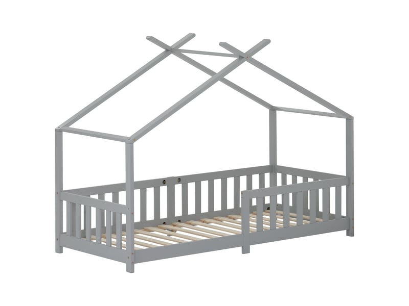  Magnifique lit cabane, lit enfant, en bois massif avec barrière et sommier à lattes, avec protection antichute pour chambres d'enfants et d'adolescents, gris (200x90cm)  - Conforama A