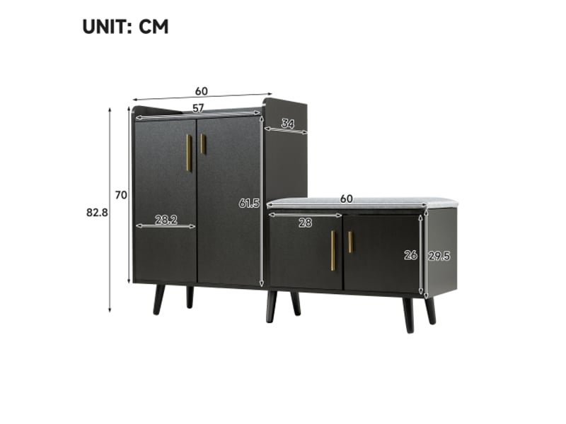  Meuble à chaussures avec banc rembourré et 4 portes, design moderne noir pour entrée &amp; salon  - Conforama C
