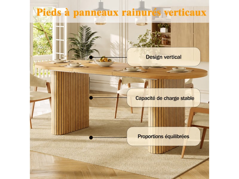  Table à manger ovale extensible 120-160x80x75,5 cm, pieds à relief vertical, mdf et métal, 4 à 6 personnes - naturel  - Conforama D