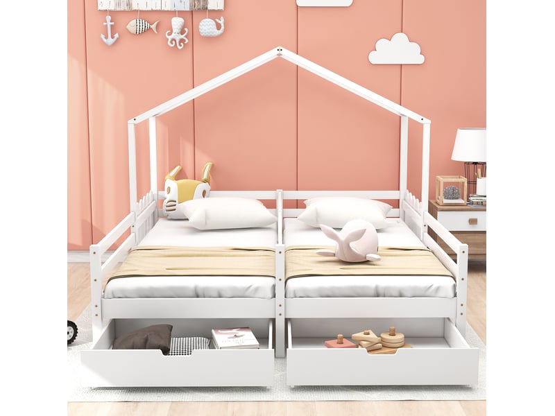 Lit enfant maison double blanc avec 2 tiroirs 208 x 188,5 x 158 cm  - Conforama D