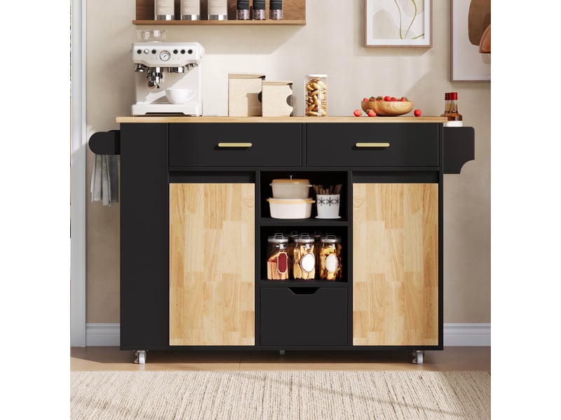  Ilot central de cuisine - 120x71x90cm - desserte avec plateau rabattable 3 tiroirs placards et roulettes - noir et bois  - Conforama B