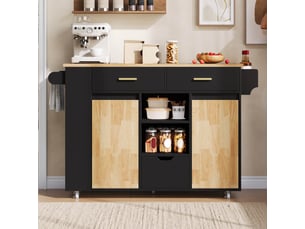 Ilot central de cuisine - 120x71x90cm - desserte avec plateau rabattable 3 tiroirs placards et roulettes - noir et bois