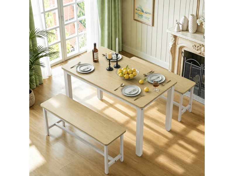  Ensemble table et bancs - 110x60x76 cm - set repas 3 pièces style scandinave et cadre métal - bois clair et blanc  - Conforama B