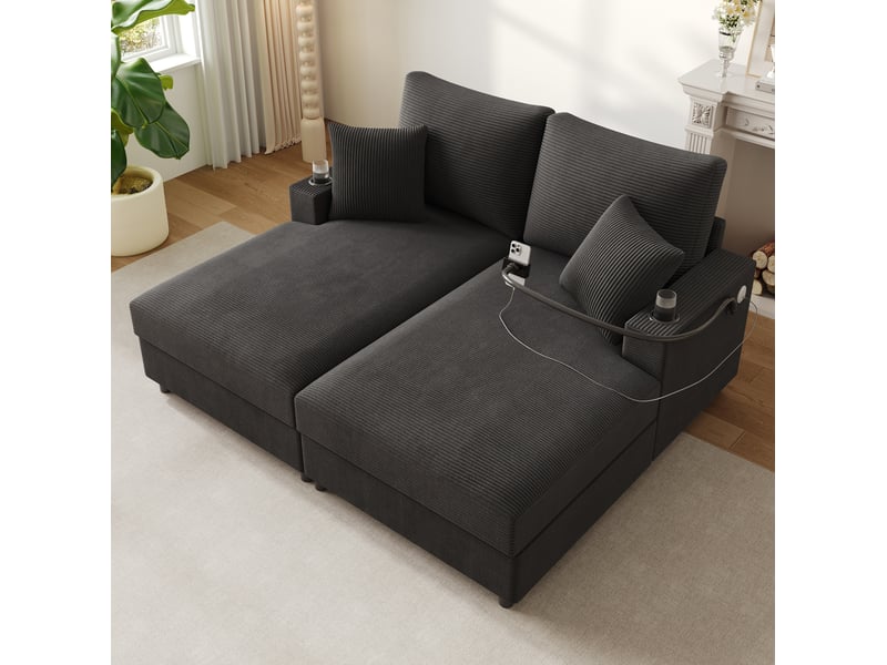  Canapé convertible 2 places gris en velours côtelé avec support téléphone, ports usb et usb-c  - Conforama C