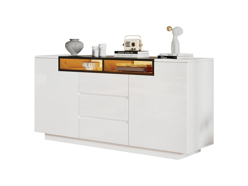  Buffet 140 cm brillant 2 portes 3 tiroirs, meuble de rangement avec led, buffet de salon blanc et noir  - Conforama A
