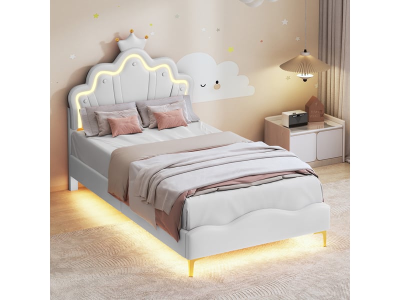  Lit princesse 90x200cm lit une place jeune avec tête de lit couronnée, led et sommier à lattes, rangement sous lit pour chambre de fille,sans matelas, pu,blanc  - Conforama D