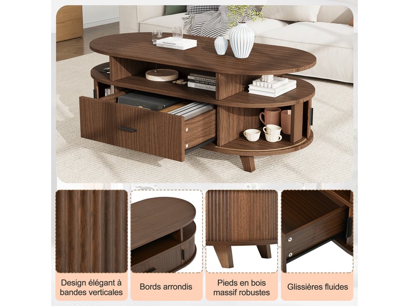  Table basse à bords arrondis 100 x 50 x 40 cm pour le salon, 1 tiroir, 2 portes à rideau, niches ouvertes, mdf et pieds en bois massif, décor noyer Luxe haut de gamme - Conforama R