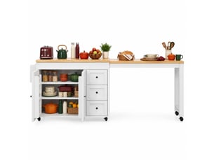 Îlot de cuisine extensible à roulettes avec 3 tiroirs et rangement - plateau coulissant mdf métal blanc
