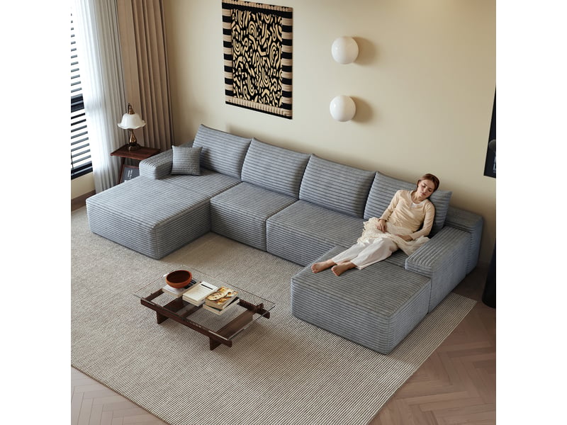  Canapé d'angle modulable gris avec méridienne en l, assise profonde, sans montage, mousse compressée  - Conforama E