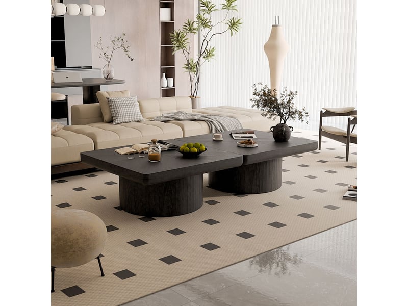  Table basse plateau en placage bois motif parquet base cylindrique plateau épais finition noire table de salon  - Conforama B