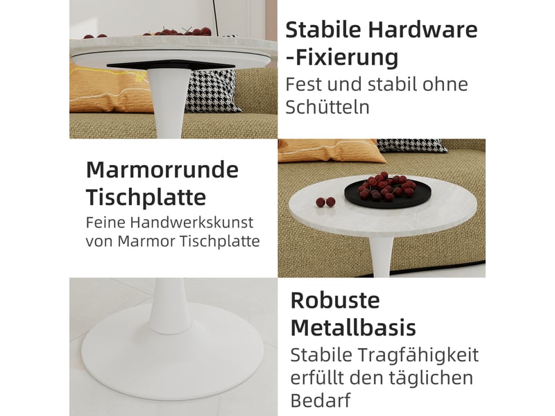  Table basse ronde à pieds hauts avec plateau en marbre artificiel, style moderne minimaliste, pour salon, blanc  - Conforama E