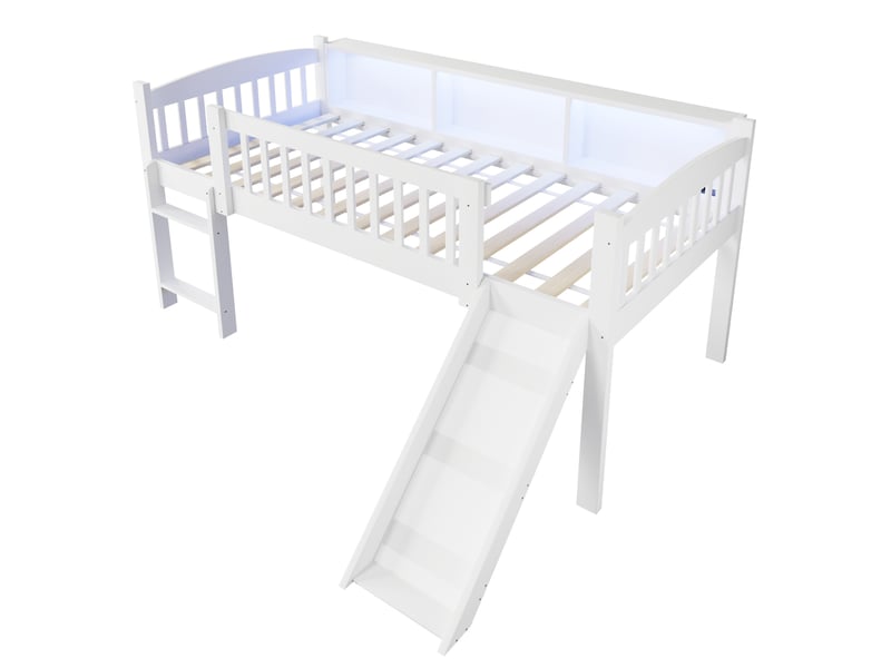  Lit enfant surélevé avec toboggan, rangements, led et usb 90x200 cm blanc  - Conforama A