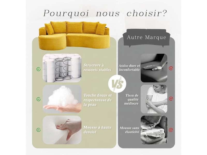  Canapé incurvé moderne avec porte-gobelets intégrés 250 x 152 x 82 cm rangement latéral  - Conforama W