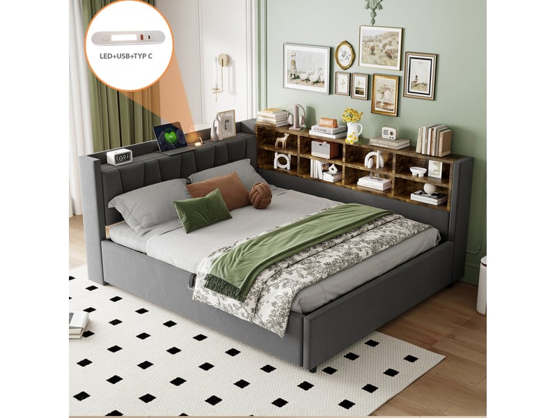  Lit coffre 140x200 cm en velours gris foncé avec veilleuse et ports usb  - Conforama E