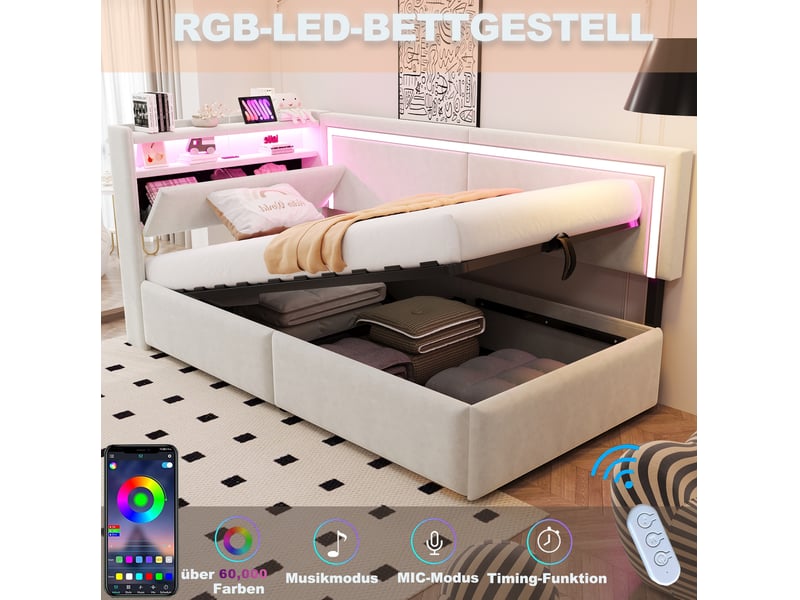  Lit coffre enfant simple 90x200cm, led et ports usb, tête de lit avec espace de rangement, velours, beige, sans matelas  - Conforama E