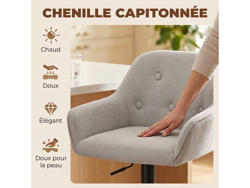  Tabourets de bar lot de 2, chaises de bar en chenille, hauteur réglable, dossier et repose-pieds, pivotant 360°, gris  - Conforama A