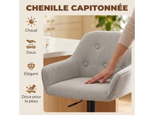Tabourets de bar lot de 2, chaises de bar en chenille, hauteur réglable, dossier et repose-pieds, pivotant 360°, gris
