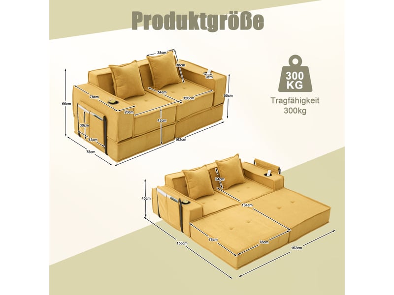 Canapé-lit 2 places en chenille jaune moutarde avec coussins et rangements latéraux - Conforama C