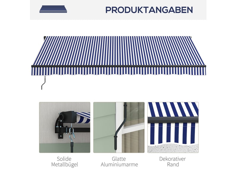  Store banne mural 4 x 3 m avec manivelle, protection solaire, aluminium, bleu et blanc  - Conforama D