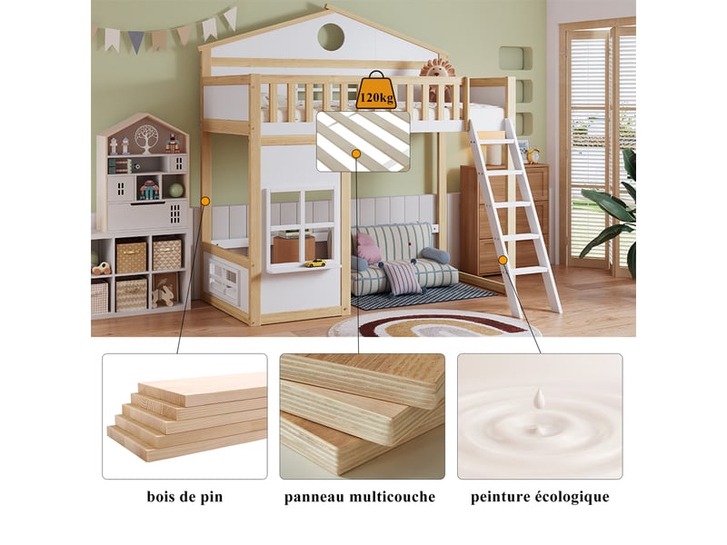  Lit mezzanine enfant 90x200 cm, design avec toit et fenêtres, un sommier, bois, blanc+naturel, sans matelas  - Conforama D